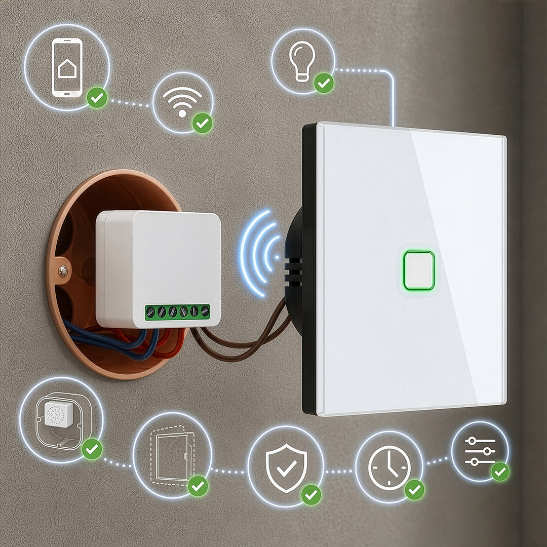 GreenBlue WiFi-relä för infälld montering, Android/iOS/Alexa/Google Home, 100–240 V växelström, 50/60 Hz, max. 16 A, för LED 150 W, GB739, 2 st.
