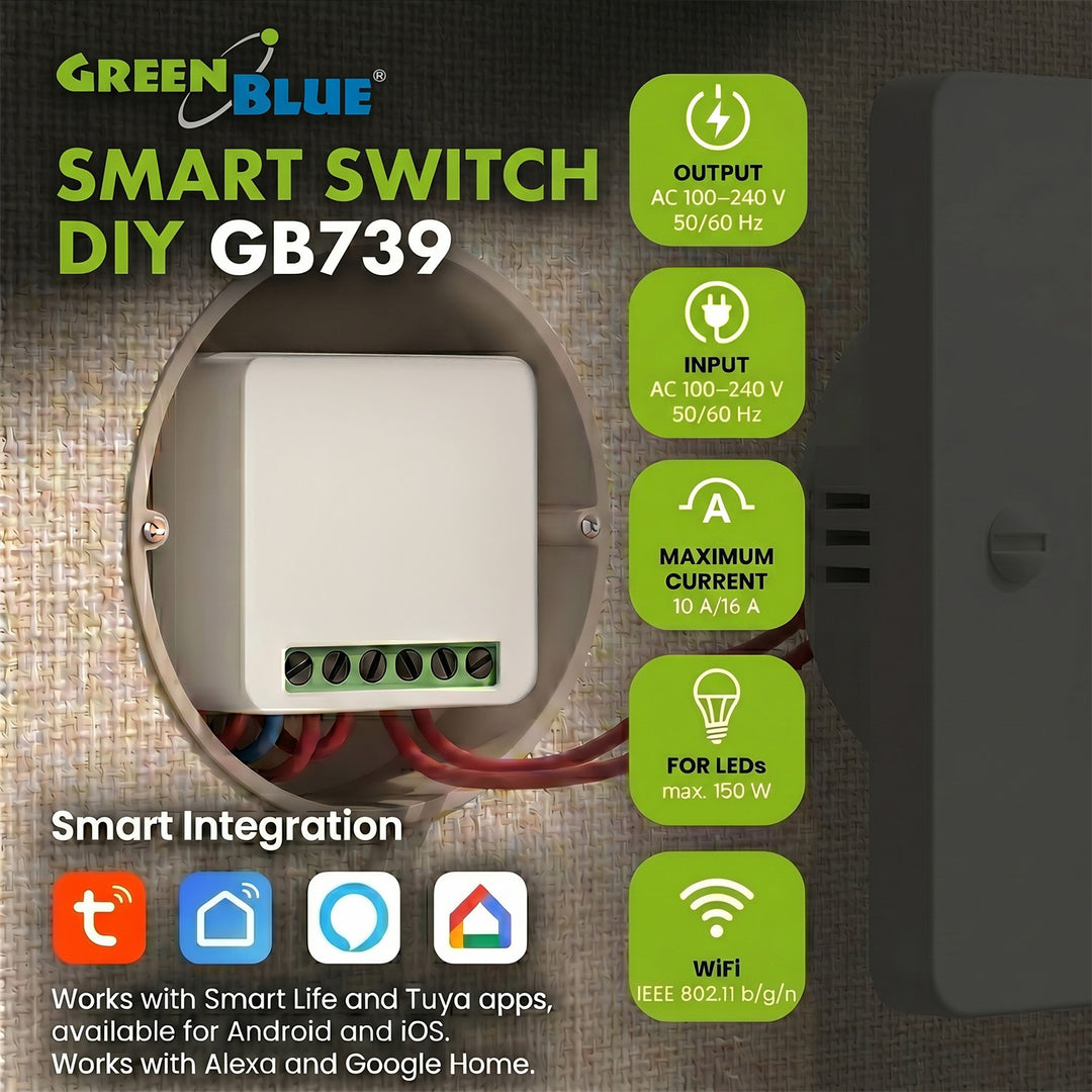 GreenBlue WiFi-relä för infälld montering, Android/iOS/Alexa/Google Home, 100–240 V växelström, 50/60 Hz, max. 16 A, för LED 150 W, GB739, 2 st.