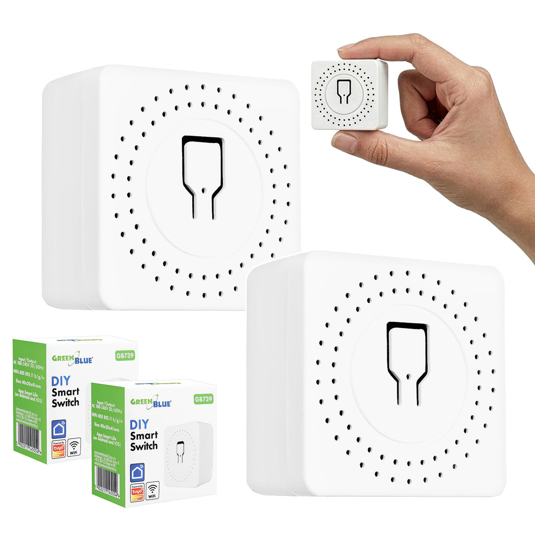 GreenBlue WiFi-relä för infälld montering, Android/iOS/Alexa/Google Home, 100–240 V växelström, 50/60 Hz, max. 16 A, för LED 150 W, GB739, 2 st.