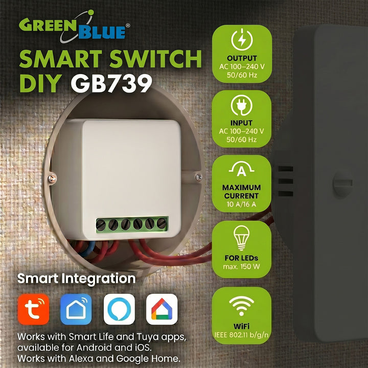 GreenBlue WiFi-relä för infälld montering, Android/iOS/Alexa/Google Home, 100–240 V växelström, 50/60 Hz, max. 16 A, för LED 150 W, GB739, 4 stycken