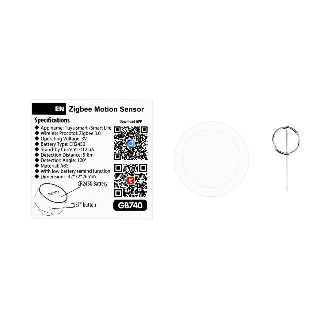 Trådlös rörelsesensor Zigbee Tuya GreenBlue, Android/iOS, CR2450 DC 3,0 V, detekteringsvinkel 120° / upp till 8 m, GB740, 2 stycken