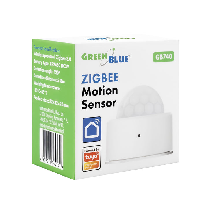 Trådlös rörelsesensor Zigbee Tuya GreenBlue, Android/iOS, CR2450 DC 3,0 V, detekteringsvinkel 120° / upp till 8 m, GB740, 2 stycken