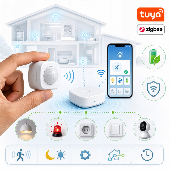 Trådlös rörelsesensor Zigbee Tuya GreenBlue, Android/iOS, CR2450 DC 3,0 V, detekteringsvinkel 120° / upp till 8 m, GB740, 2 stycken