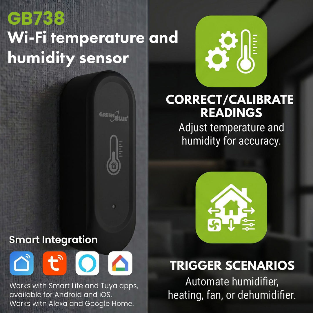 GreenBlue WiFi-sensor för temperatur och luftfuktighet för utomhusbruk, Android/iOS, 3,0 V DC, LR03x2, IP65, GB741, 2 stycken