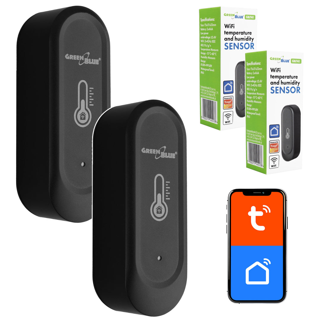 GreenBlue WiFi-sensor för temperatur och luftfuktighet för utomhusbruk, Android/iOS, 3,0 V DC, LR03x2, IP65, GB741, 2 stycken