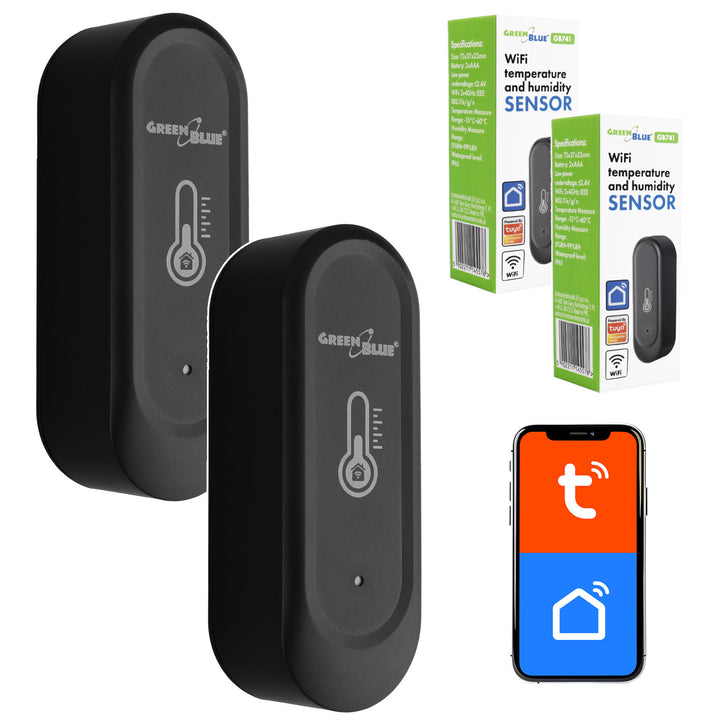 GreenBlue WiFi-sensor för temperatur och luftfuktighet för utomhusbruk, Android/iOS, 3,0 V DC, LR03x2, IP65, GB741, 2 stycken