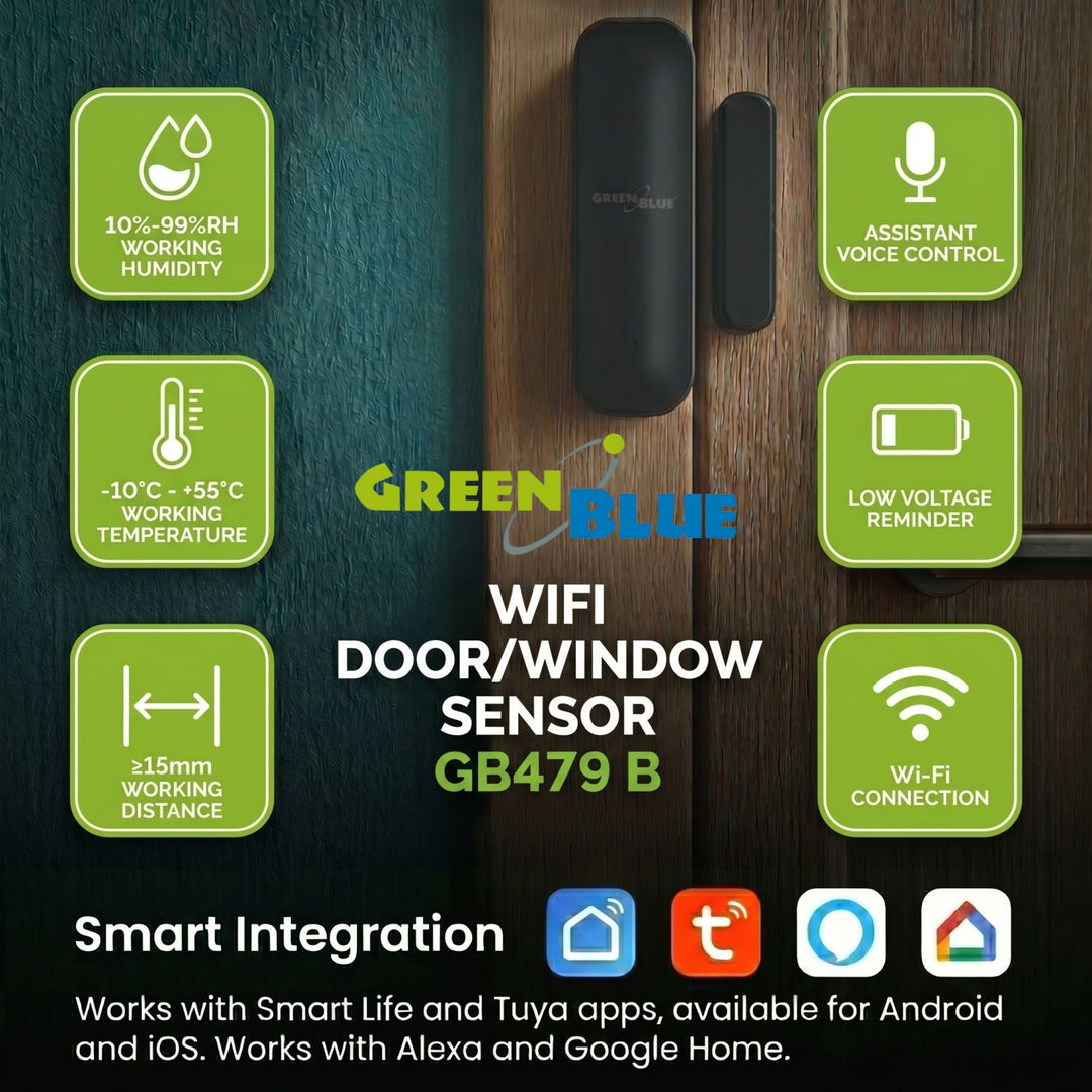 Trådlös kontaktor/öppningssensor via WiFi från GreenBlue, Android/iOS, för dörrar/fönster, 3,0 V DC, LR03x2, GB479 B, 2 set