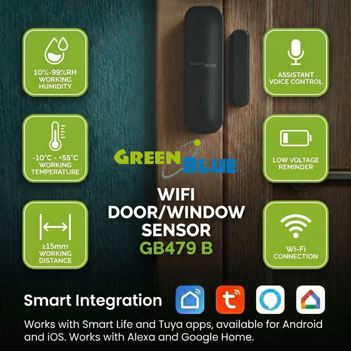 Trådlös kontaktor/öppningssensor via WiFi från GreenBlue, Android/iOS, för dörrar/fönster, 3,0 V DC, LR03x2, GB479 B, 2 set