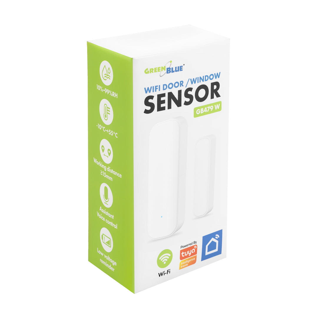 Trådlös kontaktor/öppningssensor med WiFi från GreenBlue, Android/iOS, för dörrar/fönster, 3,0 V DC, LR03x2, GB479 W, 2 set