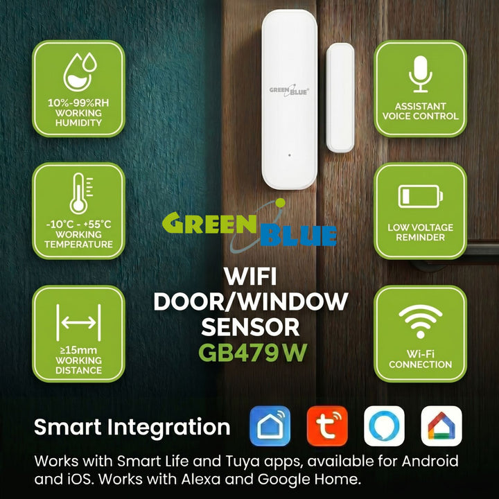 Trådlös kontaktor/öppningssensor med WiFi från GreenBlue, Android/iOS, för dörrar/fönster, 3,0 V DC, LR03x2, GB479 W, 2 set