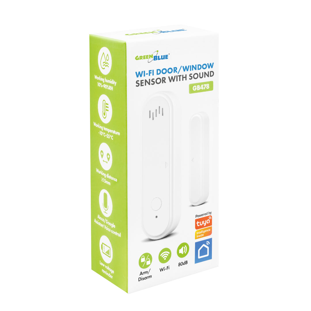 Trådlös kontaktor/öppningssensor via WiFi från GreenBlue, Android/iOS, för dörrar/fönster, 3,0 V DC, LR03x2, med larm, GB478, 2 set
