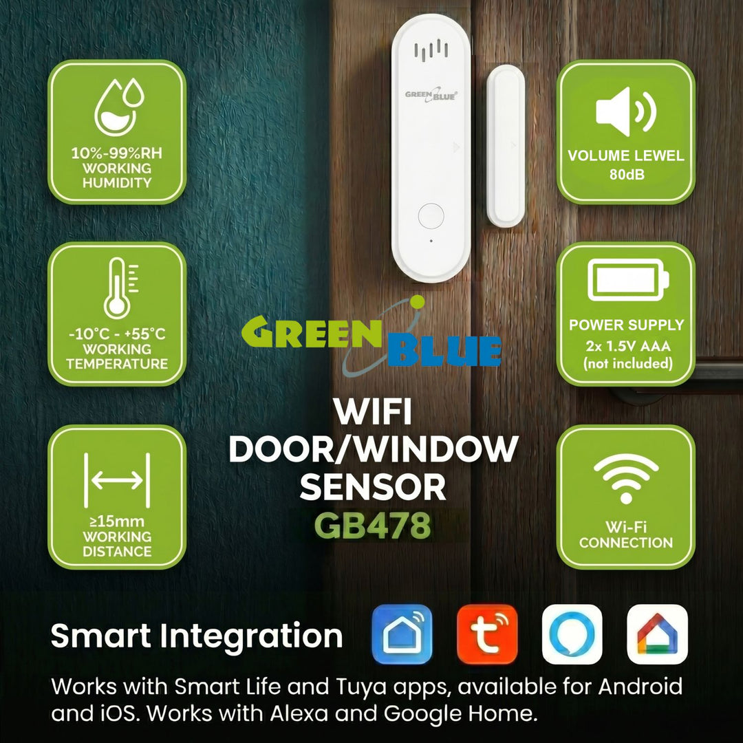 Trådlös kontaktor/öppningssensor via WiFi från GreenBlue, Android/iOS, för dörrar/fönster, 3,0 V DC, LR03x2, med larm, GB478, 2 set