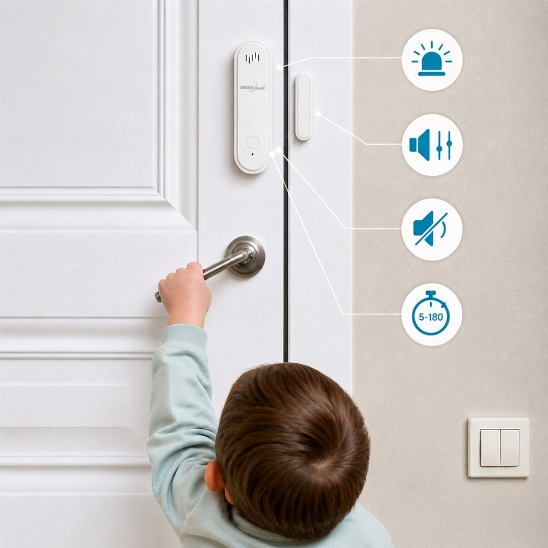 Trådlös kontaktor/öppningssensor via WiFi från GreenBlue, Android/iOS, för dörrar/fönster, 3,0 V DC, LR03x2, med larm, GB478, 2 set