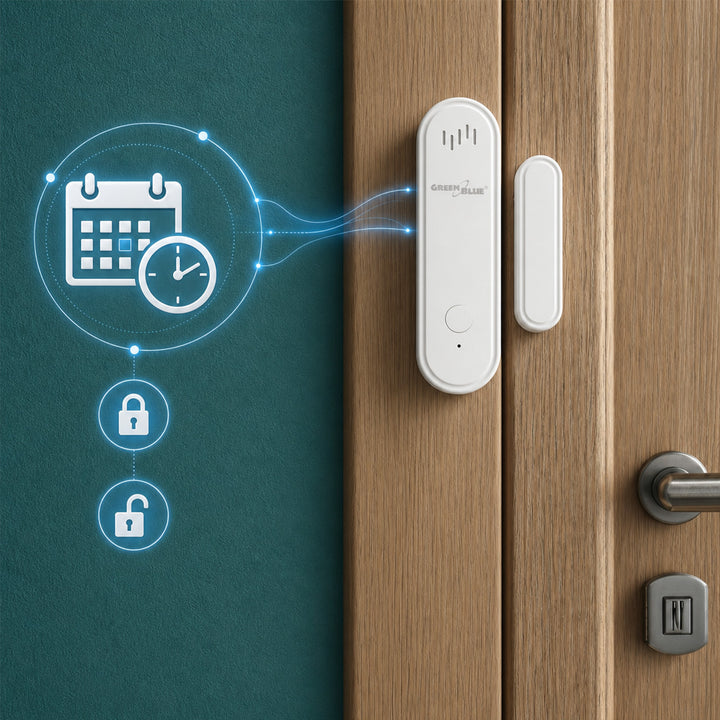 Trådlös kontaktor/öppningssensor via WiFi från GreenBlue, Android/iOS, för dörrar/fönster, 3,0 V DC, LR03x2, med larm, GB478, 2 set