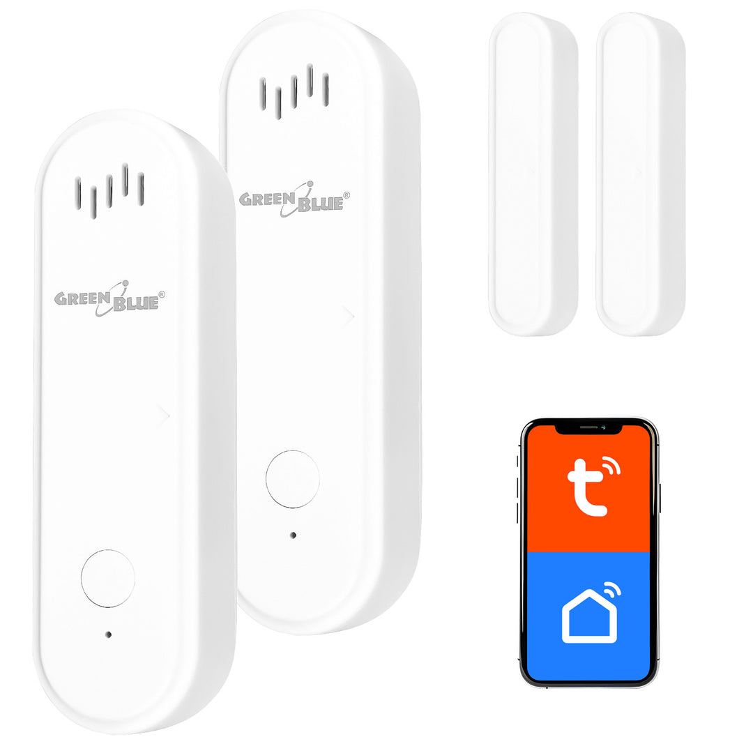 Trådlös kontaktor/öppningssensor via WiFi från GreenBlue, Android/iOS, för dörrar/fönster, 3,0 V DC, LR03x2, med larm, GB478, 2 set