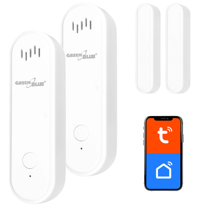 Trådlös kontaktor/öppningssensor via WiFi från GreenBlue, Android/iOS, för dörrar/fönster, 3,0 V DC, LR03x2, med larm, GB478, 2 set