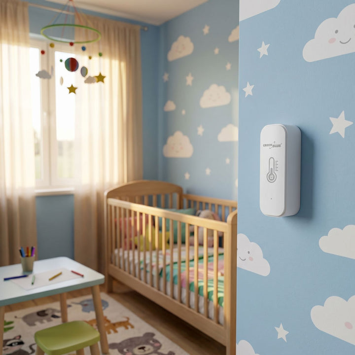 GreenBlue WiFi-sensor för temperatur och luftfuktighet, Android/iOS/Alexa/Google Home, 3,0 V DC, LR03x2, GB737, 2 stycken