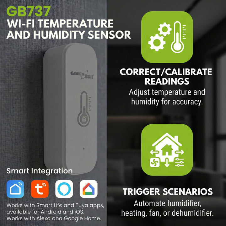 GreenBlue WiFi-sensor för temperatur och luftfuktighet, Android/iOS/Alexa/Google Home, 3,0 V DC, LR03x2, GB737, 2 stycken
