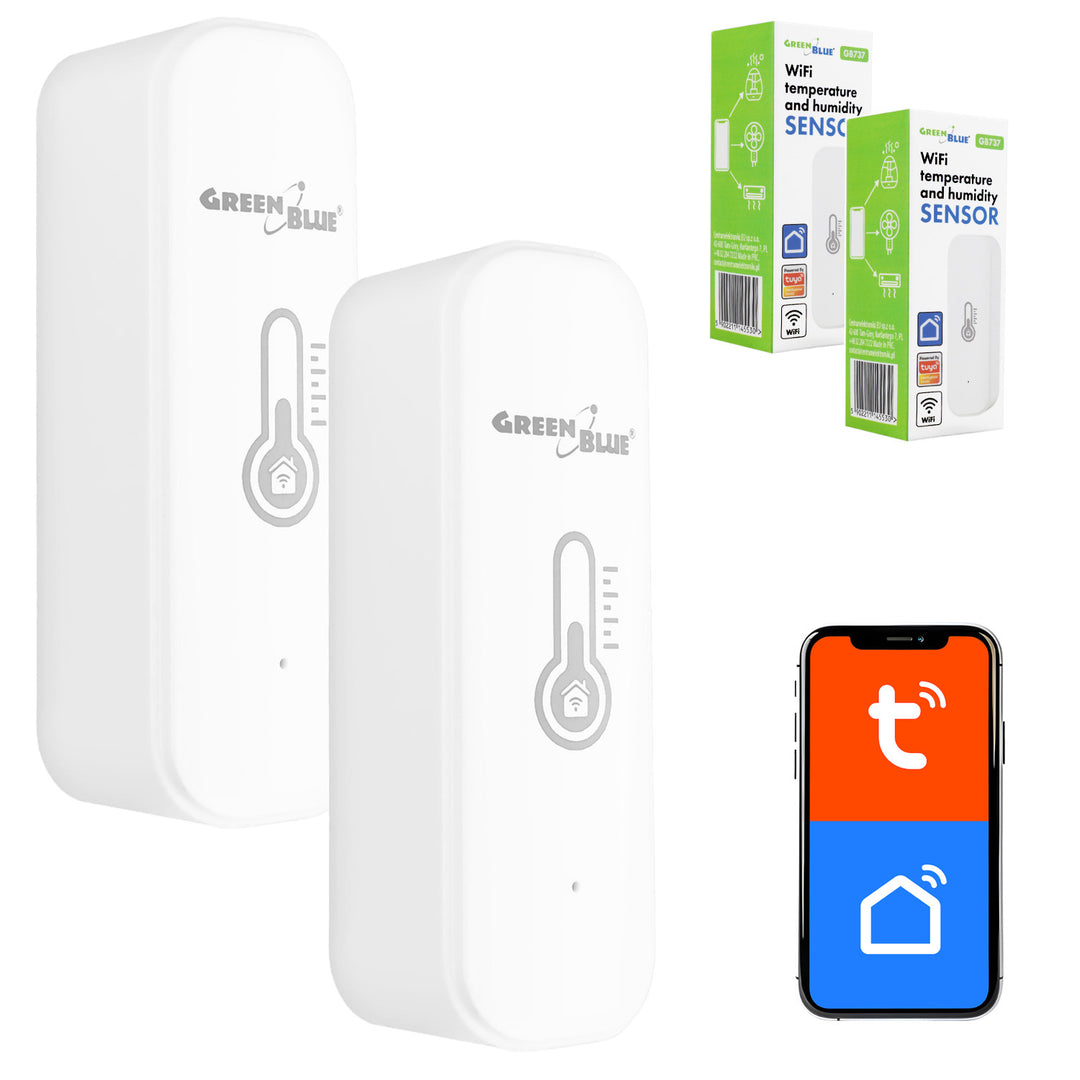 GreenBlue WiFi-sensor för temperatur och luftfuktighet, Android/iOS/Alexa/Google Home, 3,0 V DC, LR03x2, GB737, 2 stycken