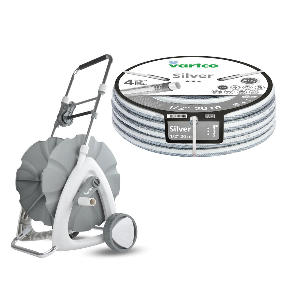 Trädgårdsslangvagn + trädgårdsslang Vartco Silver 1/2" 20 m Agaplast