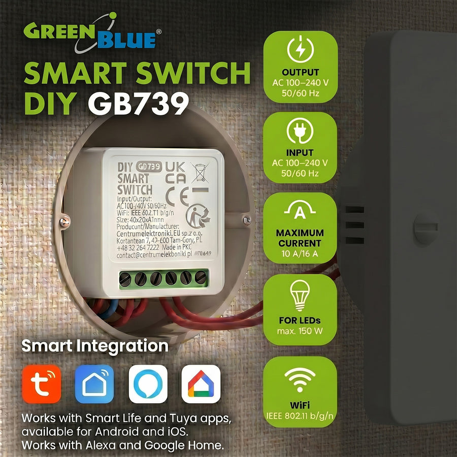 GreenBlue WiFi-relä för infälld montering, Android/iOS/Alexa/Google Home, 100–240 V AC, 50/60 Hz, max. 16 A, för LED 150 W, GB739, 3 st.