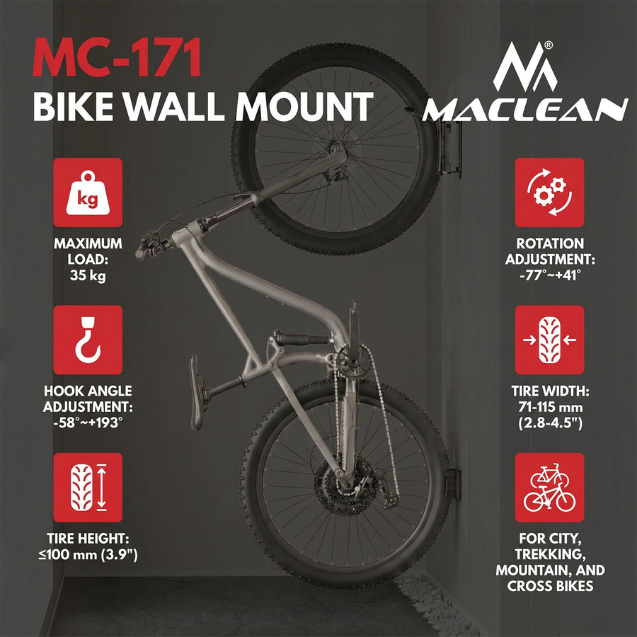 Maclean cykelhållare/vägghängare, max. belastning 35 kg, justerbar lutningsvinkel, stål, MC-171, 4 stycken