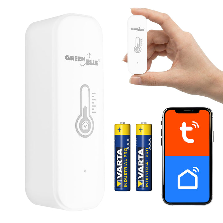 GreenBlue WiFi-sensor för temperatur och luftfuktighet, Android/iOS/Alexa/Google Home, 3,0 V DC, LR03x2, GB737 + 2 st. R-03 LR03 AAA-alkaliska batterier från Varta Industrial 4003