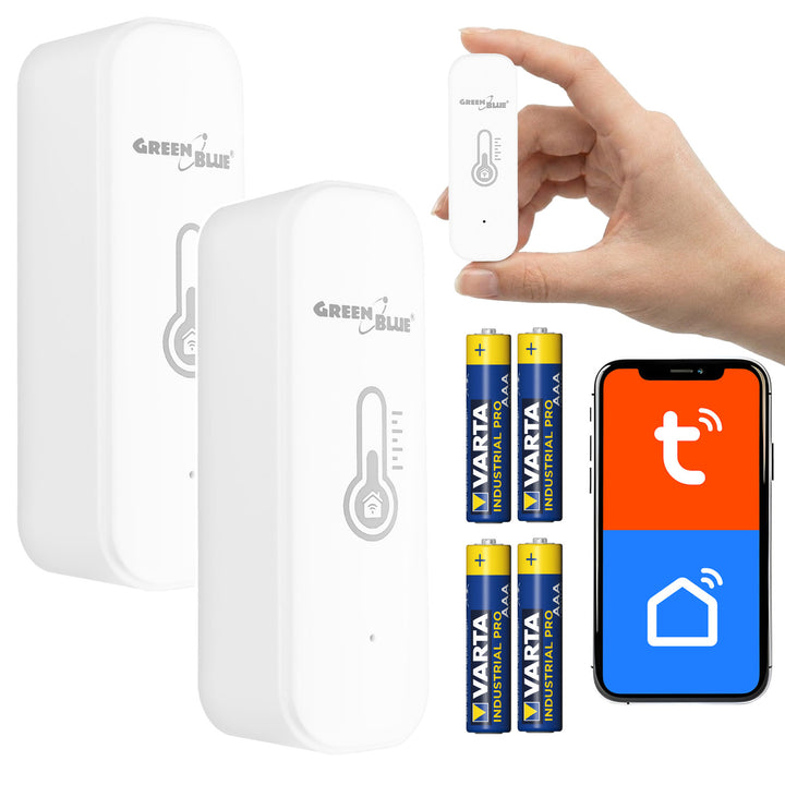 GreenBlue WiFi-sensor för temperatur och luftfuktighet, Android/iOS/Alexa/Google Home, 3,0 V DC, LR03x2, GB737, 2 st + 4 st Varta Industrial 4003 AAA-alkaliska batterier