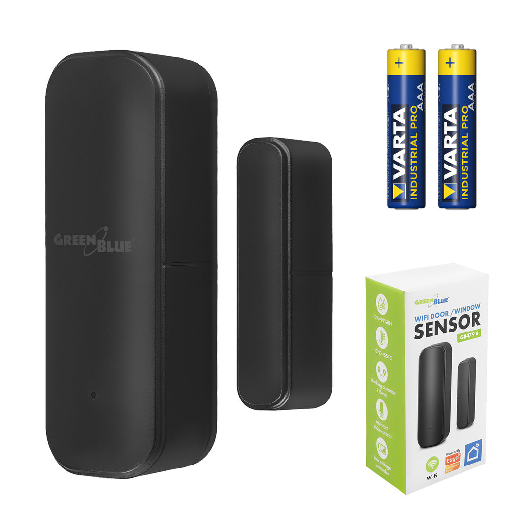 GB479 B Trådlös kontaktor/öppningssensor med WiFi från GreenBlue, Android/iOS, för dörrar/fönster, 3,0 V DC, LR03x2, GB479 B + 2 st R-03 LR03 AAA-alkaliska batterier från Varta Industrial 4003