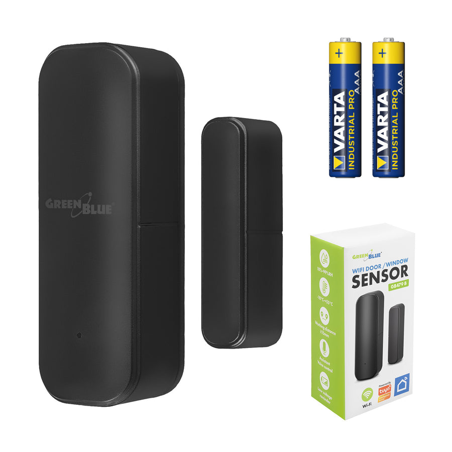 GB479 B Trådlös kontaktor/öppningssensor med WiFi från GreenBlue, Android/iOS, för dörrar/fönster, 3,0 V DC, LR03x2, GB479 B + 2 st R-03 LR03 AAA-alkaliska batterier från Varta Industrial 4003