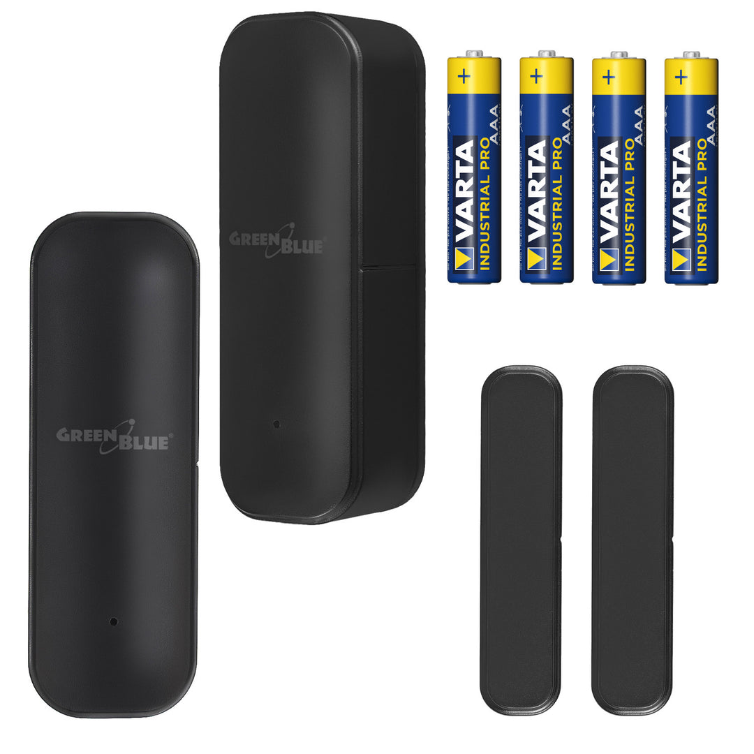 Trådlös kontaktor/öppningssensor med WiFi från GreenBlue, Android/iOS, för dörrar/fönster, 3,0 V DC, LR03x2, GB479 B, 2 st + 4 st AAA-alkaliska batterier från Varta Industrial 4003