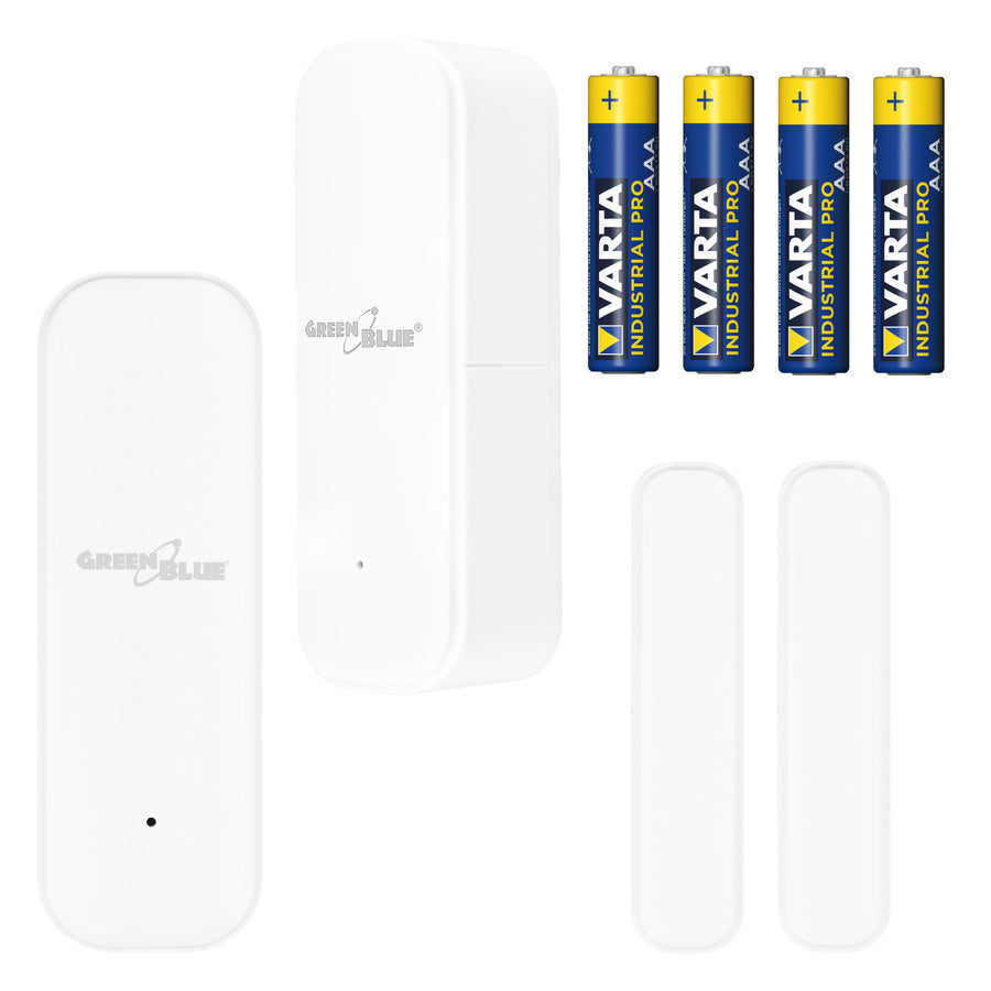 Trådlös kontaktor/öppningssensor med WiFi från GreenBlue, Android/iOS, för dörrar/fönster, 3,0 V DC, LR03x2, GB479, 2 st. + 4 st. AAA-alkaliska batterier Varta Industrial 4003