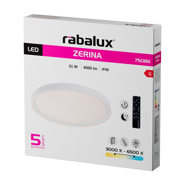 Taklampa Rabalux Zerina, 31 W, IP40, vit, 3000–6500 K, minnesfunktion, med fjärrkontroll, timerfunktion, nattlampeffekt, 75086