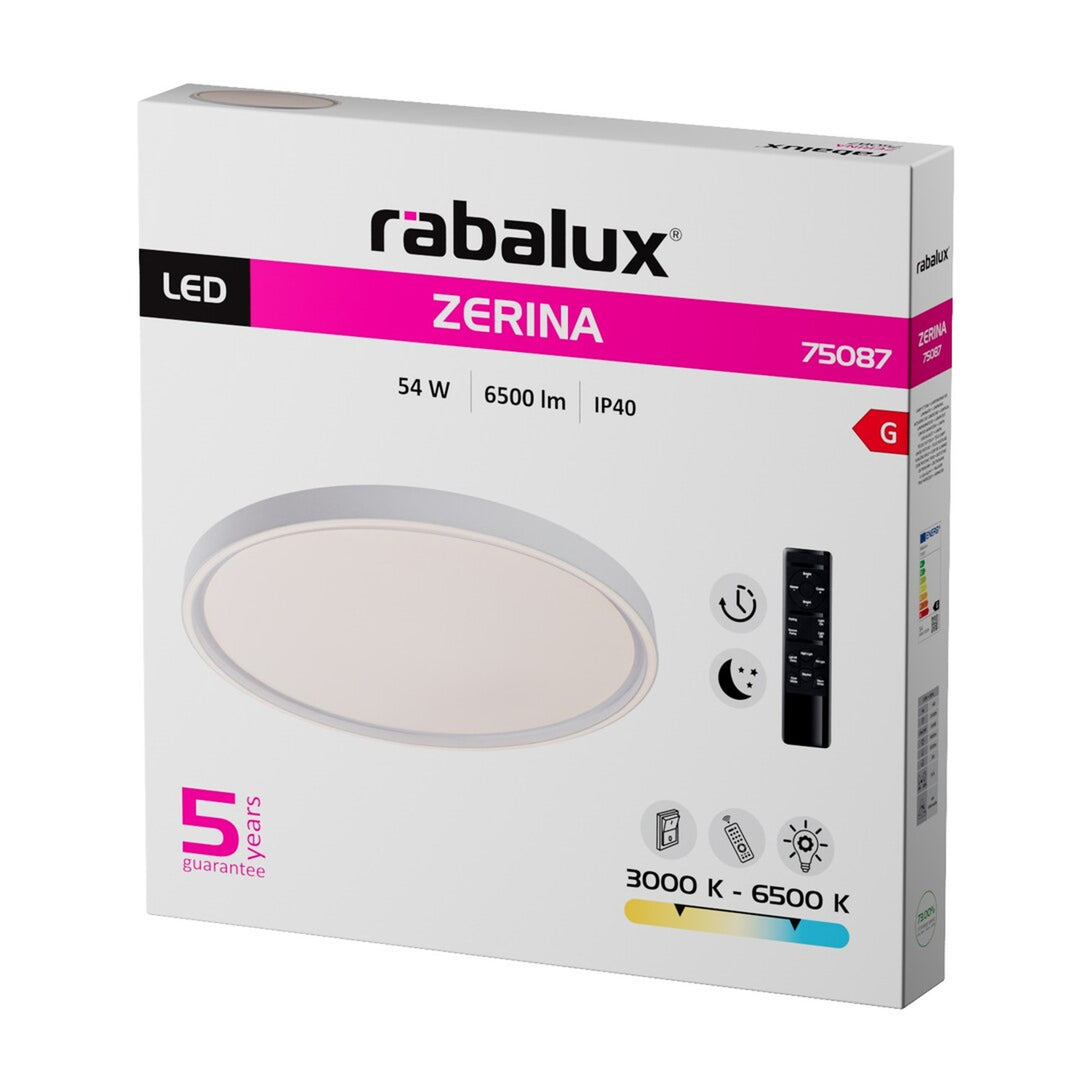 Taklampa Rabalux Zerina, 54 W, IP40, vit, 3000–6500 K, minnesfunktion, med fjärrkontroll, timerfunktion, nattlampeffekt, 75087