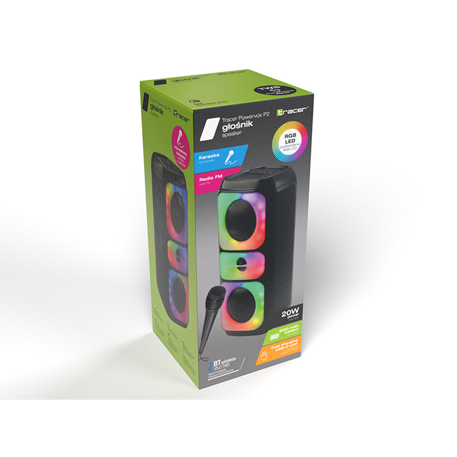 Tracer trådlös högtalare, Bluetooth 5.0, RMS-effekt 20 W, karaokeläge, mikrofon, Powervox P2 TWS