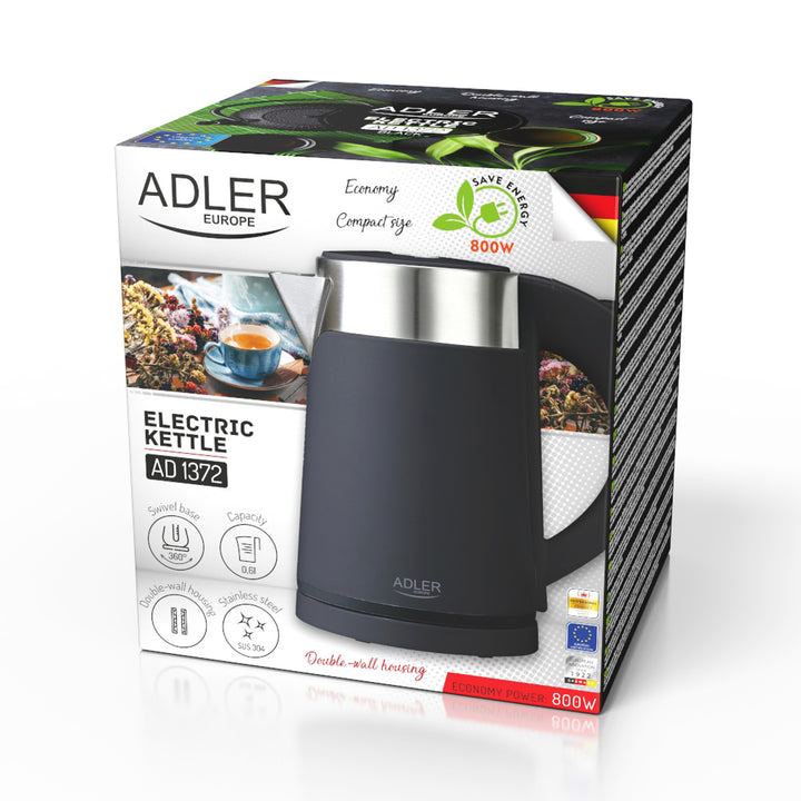 Adler elektrisk vattenkokare, metall, 0,6 l, tystgående, effekt 800 W, svart. AD 1372
