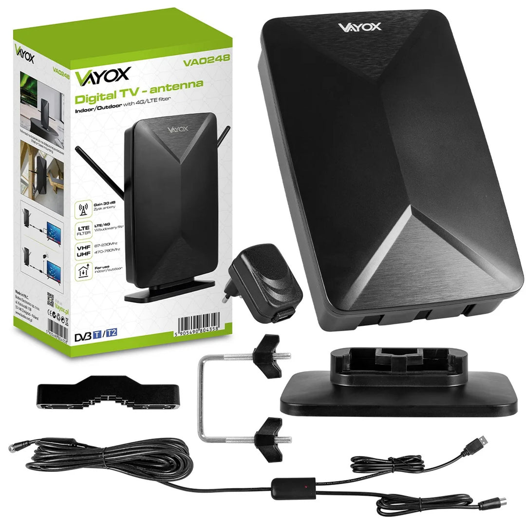 Aktiv antenn, för rummet, inomhus, utomhus, DVB-T2, markbunden 4K-TV, Vayox