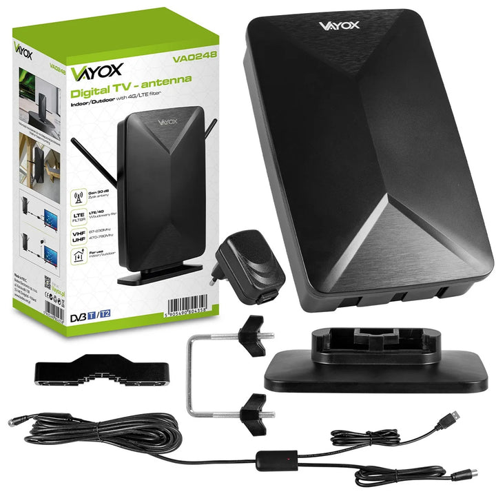 Aktiv antenn, för rummet, inomhus, utomhus, DVB-T2, markbunden 4K-TV, Vayox