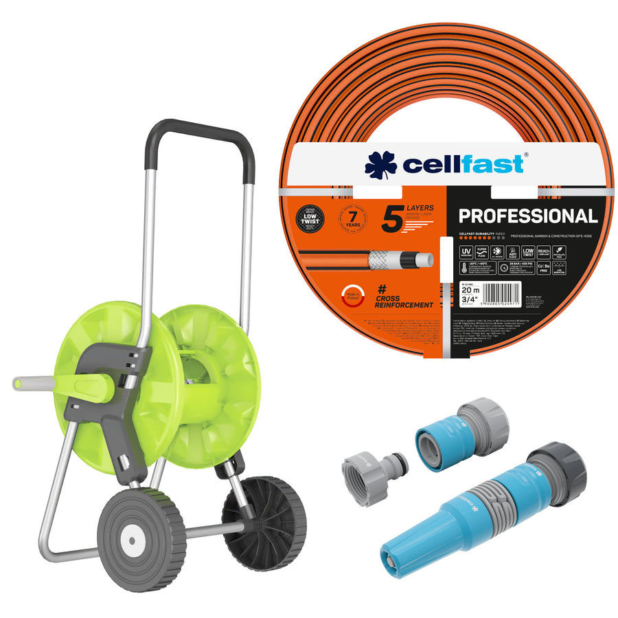 Cellfast trädgårdsslang, PROFESSIONAL 3/4" 20 m + Cellfast Economic slangvagn 1/2" 45 m + Set med rak sprinkler 3/4" IDEAL