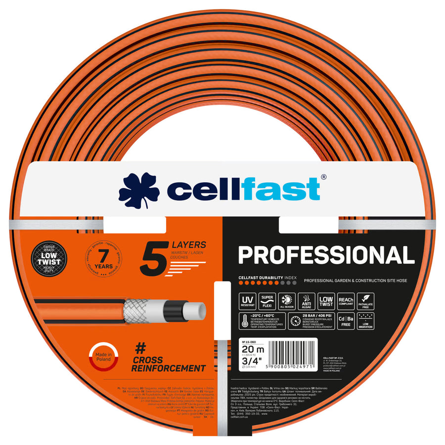 Cellfast trädgårdsslang, PROFESSIONAL 3/4" 20 m + Cellfast slanghållare, grå
