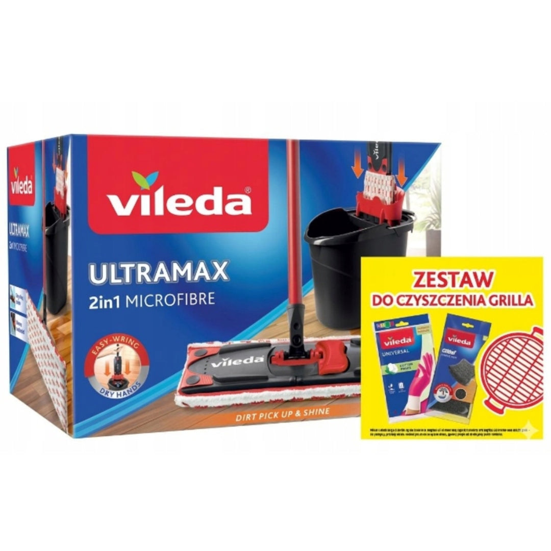 Set med Ultramax-plattmopp + Universal-handskar + Glitzi-skurhandskar (2 st.) från Vileda, beröringsfritt avtappningssystem, två typer av fibrer, 177453
