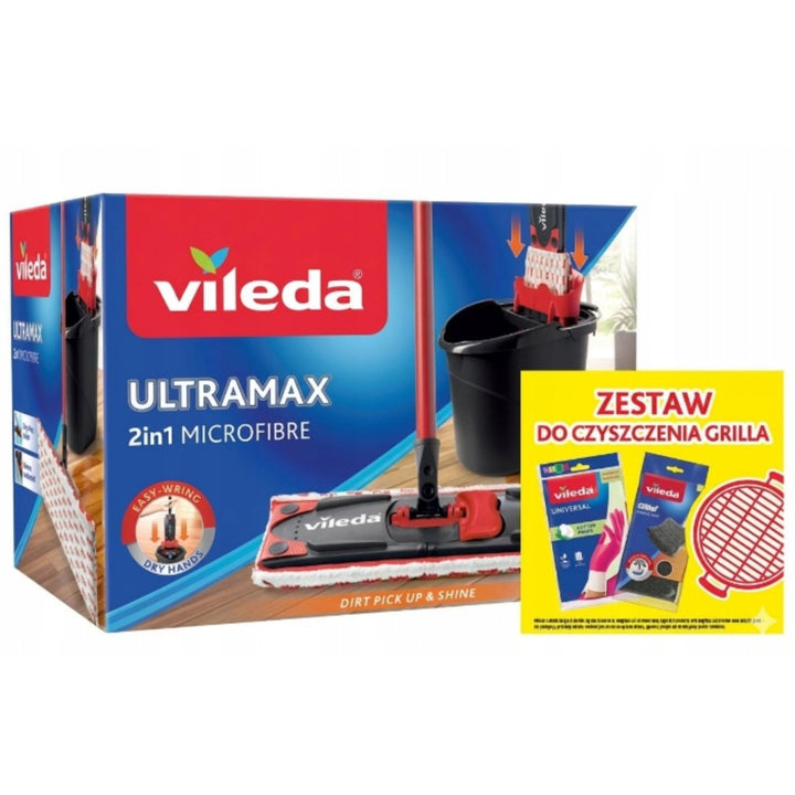 Set med Ultramax-plattmopp + Universal-handskar + Glitzi-skurhandskar (2 st.) från Vileda, beröringsfritt avtappningssystem, två typer av fibrer, 177453