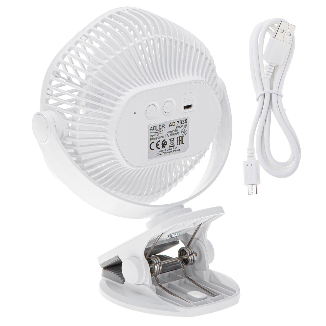 Batteridriven fläkt 5"/12,7 cm med klämma – USB/LED, AD 7335, Adler