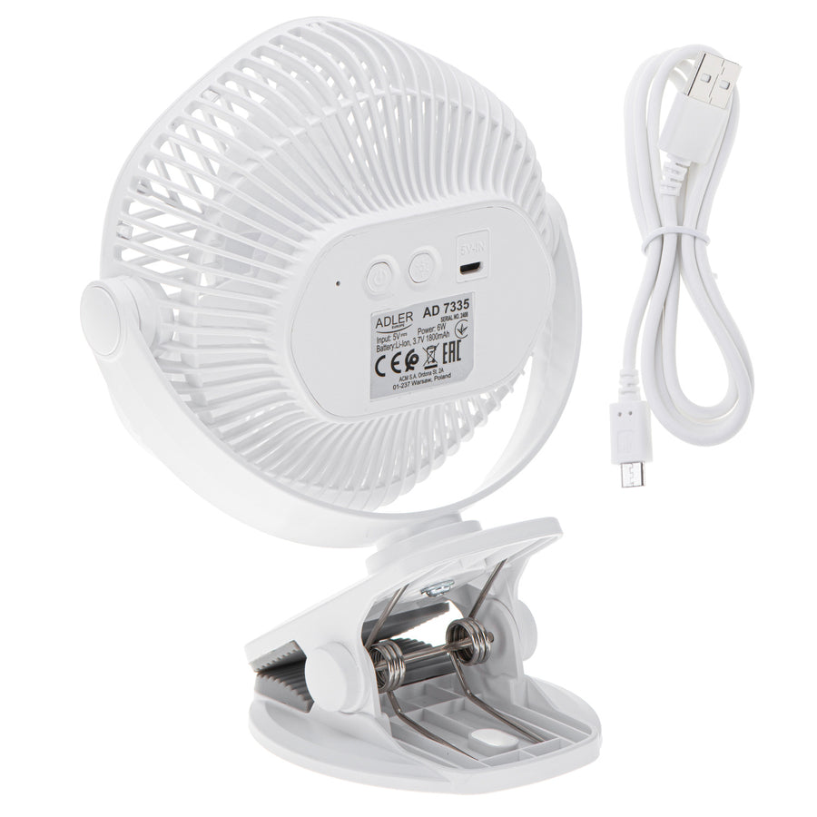 Batteridriven fläkt 5"/12,7 cm med klämma – USB/LED, AD 7335, Adler