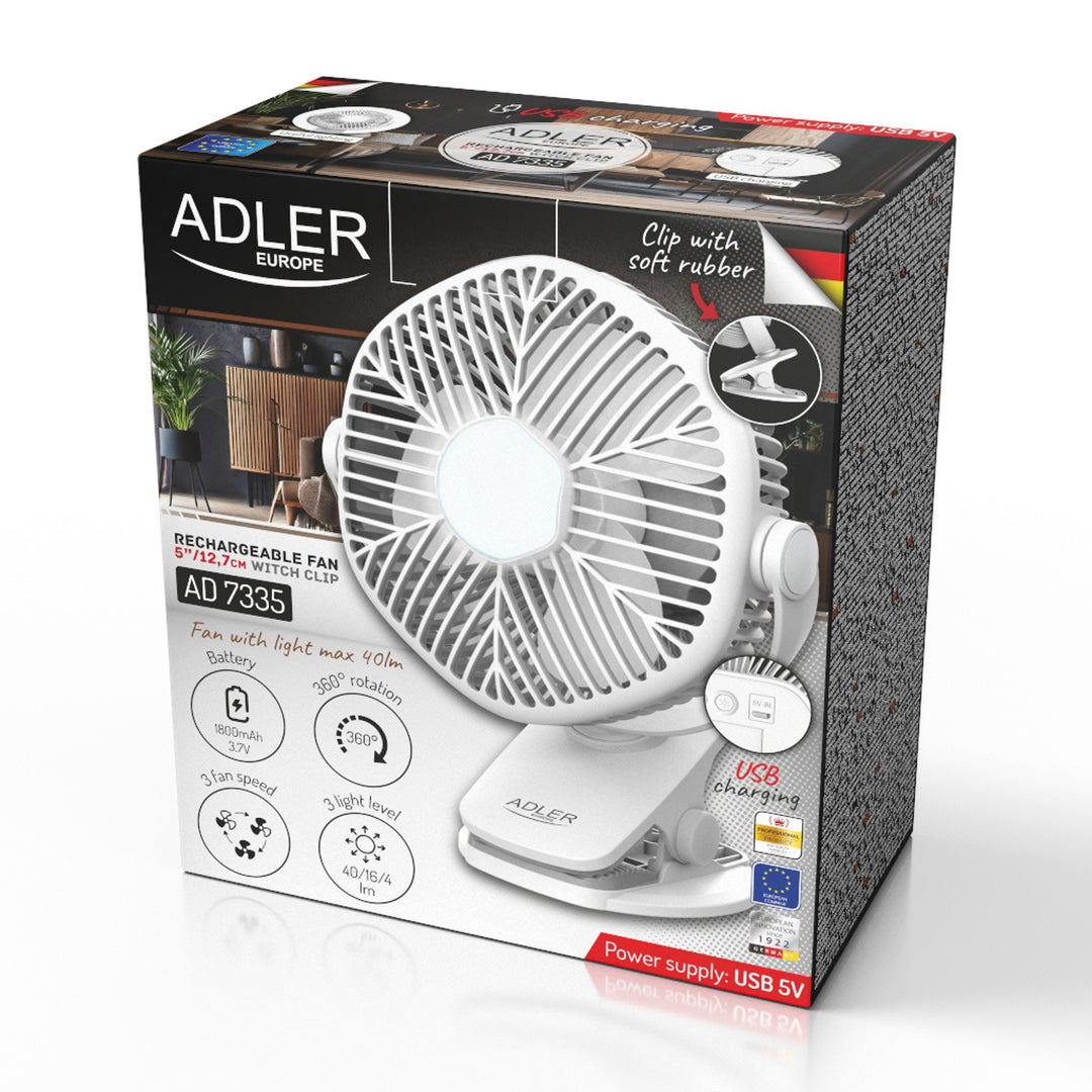 Batteridriven fläkt 5"/12,7 cm med klämma – USB/LED, AD 7335, Adler