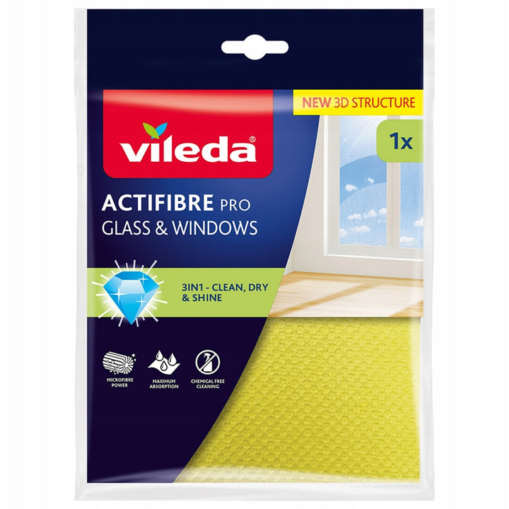 Vileda Actifibre Pro-duk för glas och fönster, kan tvättas i tvättmaskin, PVA-beläggning, lämnar inga ränder eller vattenfläckar, rengör med enbart vatten, 183298