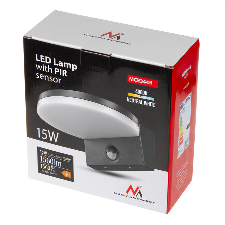 Maclean LED-lampa med rörelsesensor, PIR-sensor, svart, 15 W, IP65, 1560 lm, neutralvit färg (4000 K) MCE344 B, 2 st
