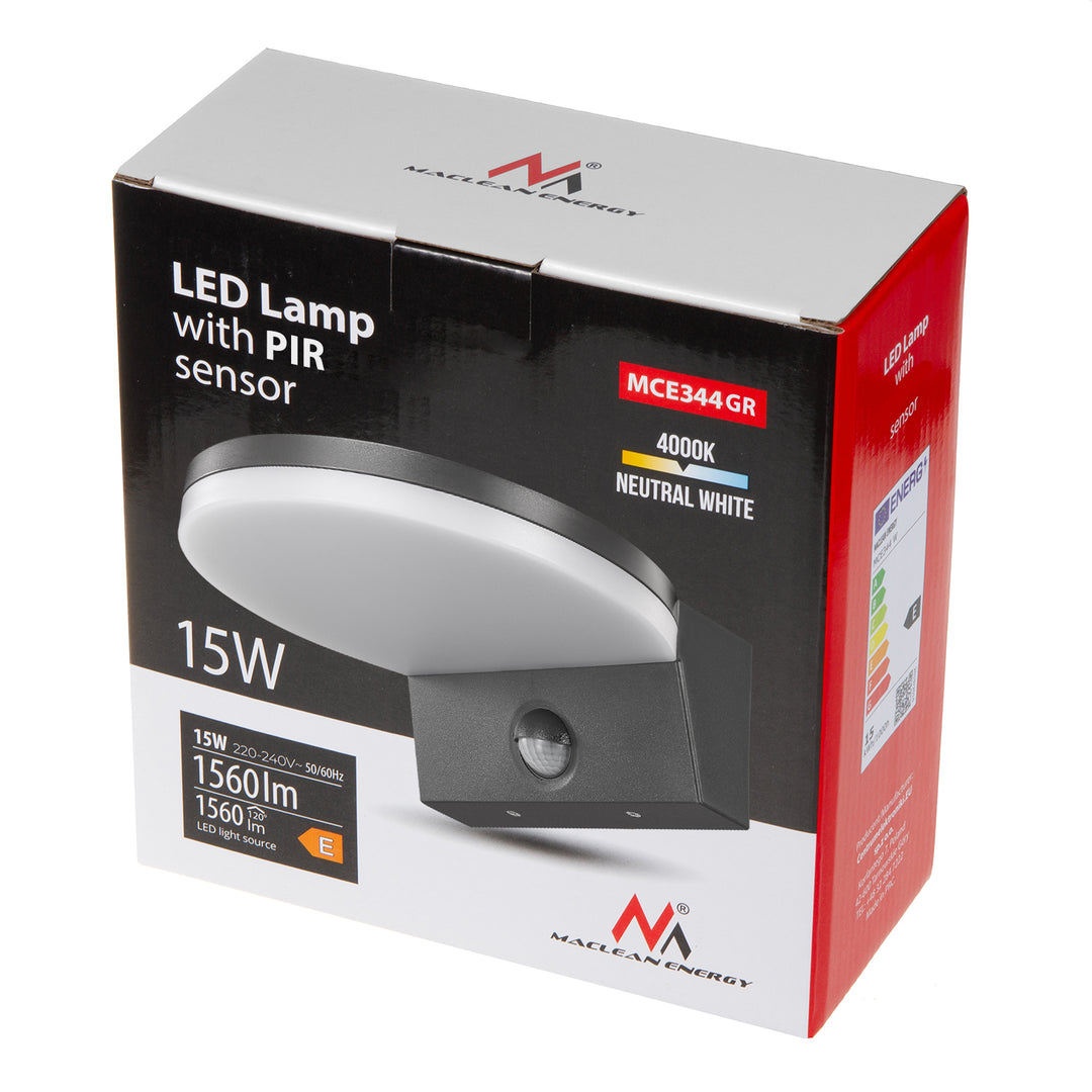 Maclean LED-lampa med rörelsesensor, PIR-sensor, grå, 15 W, IP65, 1560 lm, neutralvit färg (4000 K) MCE344 GR, 2 stycken