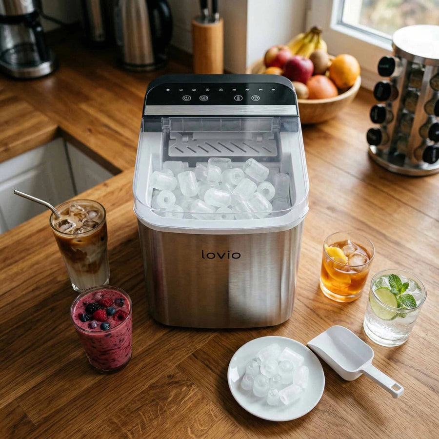 Lovio Crystal Ice Plus ismaskin för hemmabruk, i stål, silverfärgad, snabb isproduktion