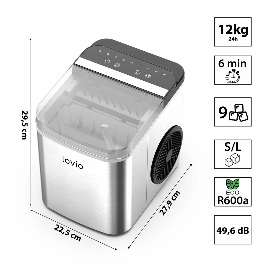 Lovio Crystal Ice Plus ismaskin för hemmabruk, i stål, silverfärgad, snabb isproduktion